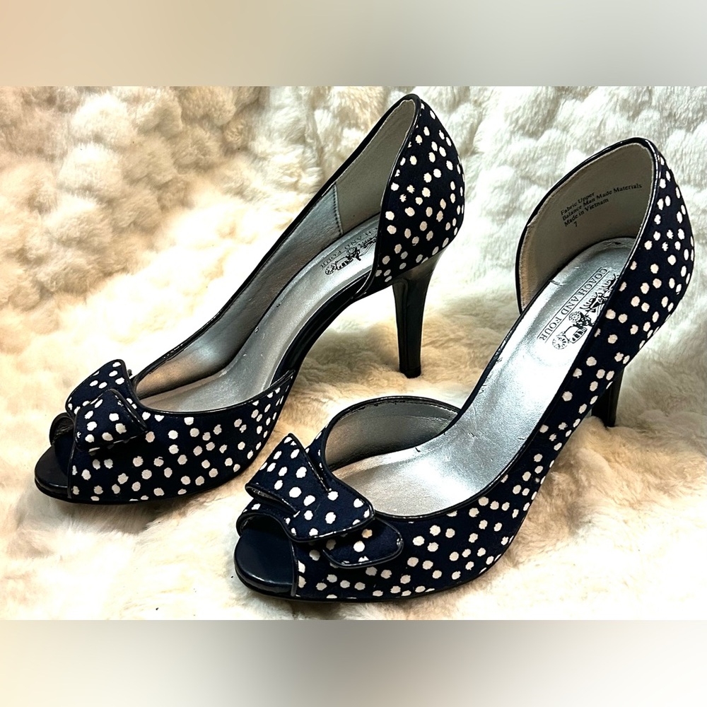 Coach and Four Navy white Polka dot peep toe bow heels women’s size 7 - Picture 2 of 12